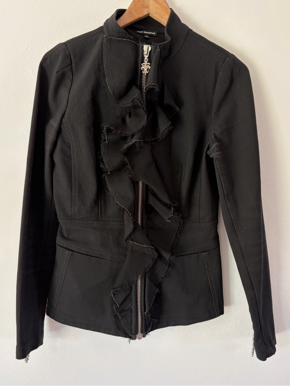 Royal Underground Black Ruffle Fleur-de-Lis Full Zip Stretch Jacket Size Small